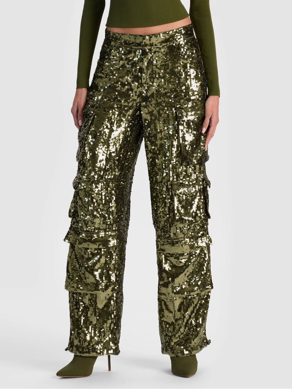 Alice + Olivia Olive Sequin Cargo Wide-Leg Pants